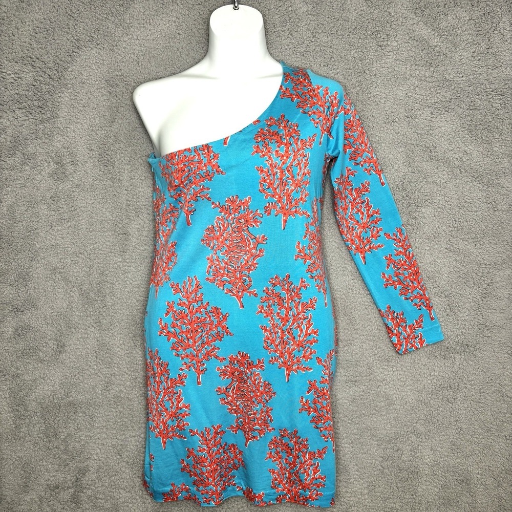 Lilly Pulitzer Dress Large Blue Red Coral Reef One Shoulder Preppy Coastal Party